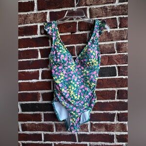 Kona Sol Floral One-Piece Swimsuit in Green with Pink & Yellow Blossoms